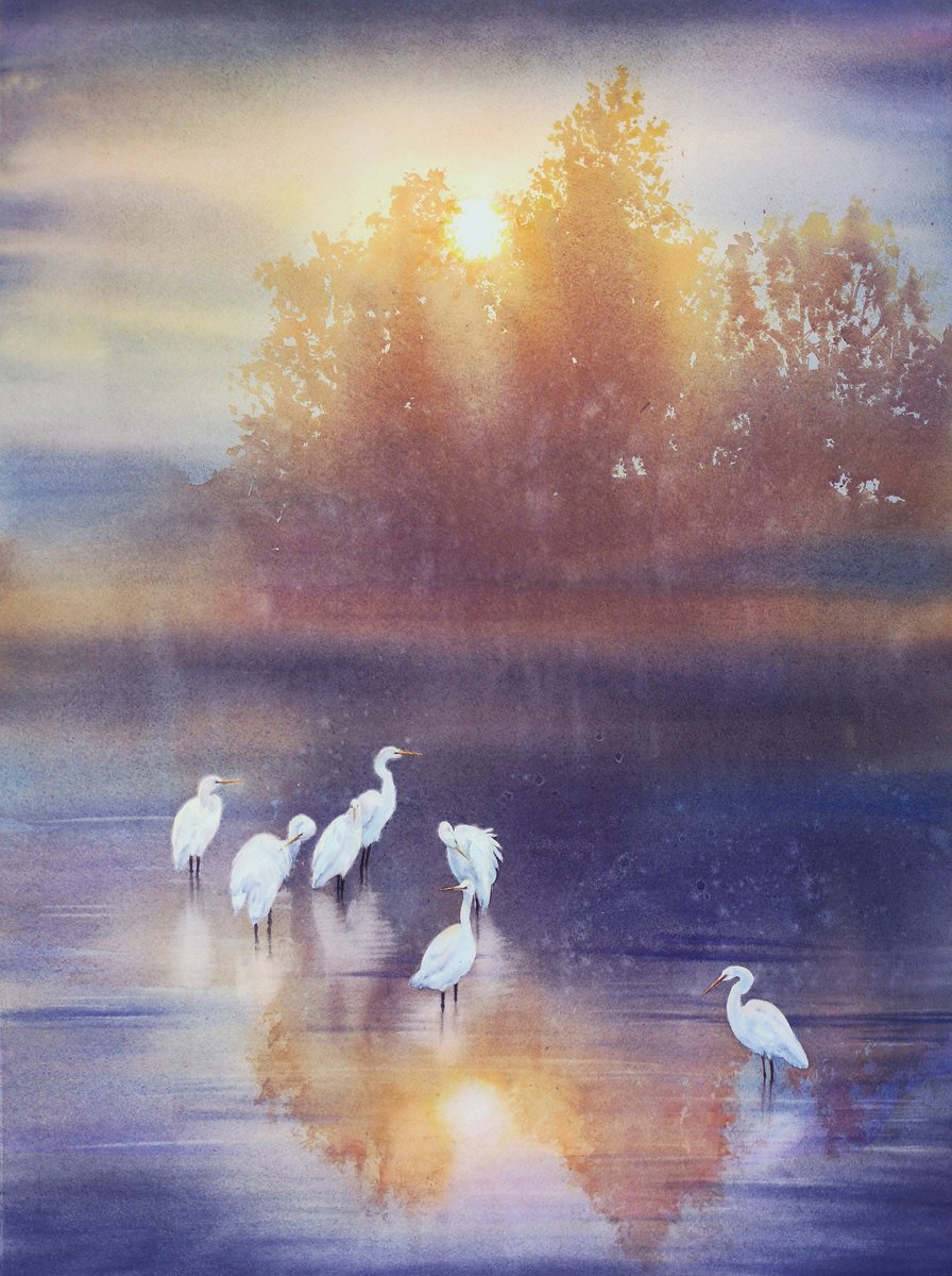 Flock of white herons - Great White Egret - Cattle egret - original watercolor landscape by Olga Beliaeva Watercolour