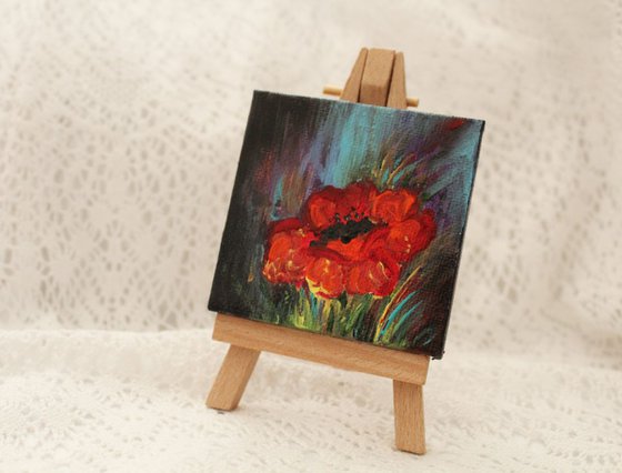 Mini Poppy with Mini Easel - Floral Acrylic Painting - gift art