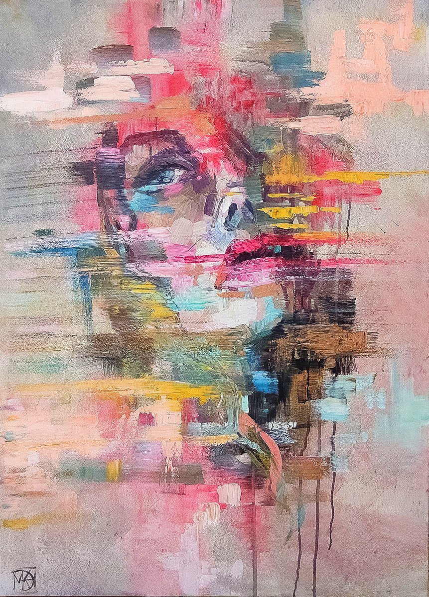 Impressionistic Portrait Acrylic Painting By Maria Kireev, 28 X 39", Abstract Face, Original Artwork
