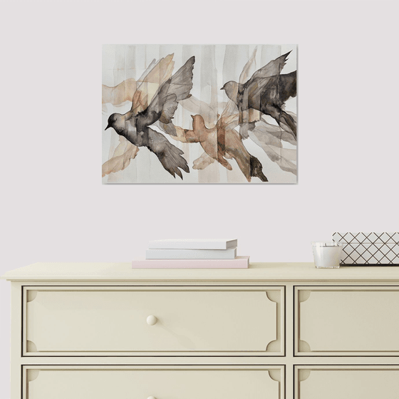 Beige - Black Flying pigeons Silhouette