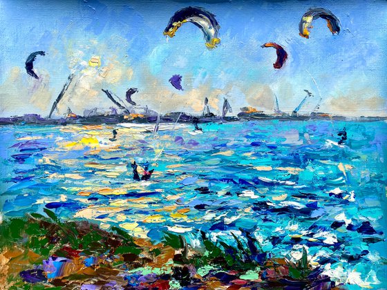 Kitesurfing - Сatch before sunset, 47*37cm, impressionistic oil impasto landscape painting