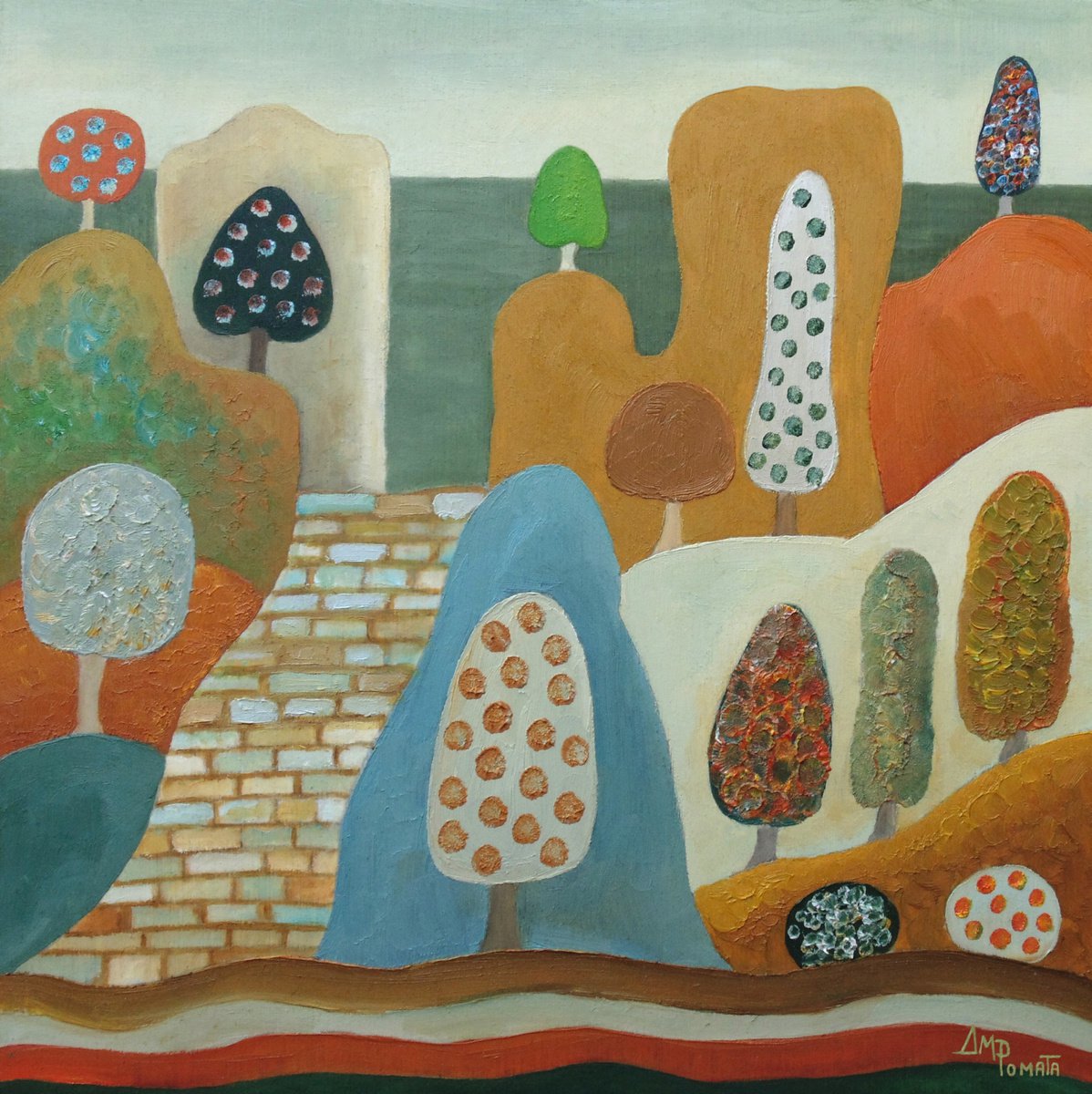 Impressionistic Landscape Oil Painting By Angeles M. Pomata, 8 X 8, Follow The Brick Road, Original Artwork