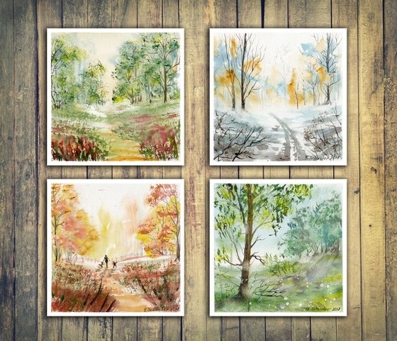 Seasons. Set of 4 small watercolor landscape paintings (size 15*15 cm each)