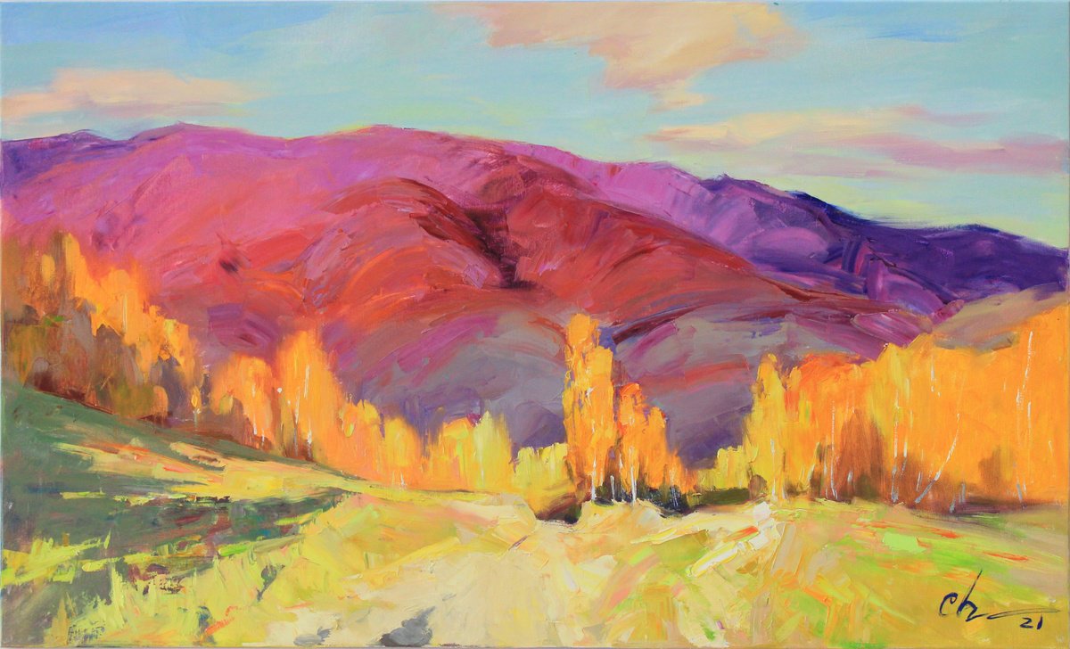 Impressionistic Landscape Oil Painting By Serhii Cherniakovskyi, 39 X 24", Autumn Symphony, Original Artwork