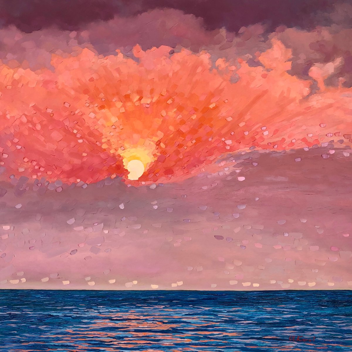 Impressionistic Landscape Oil Painting By Ulyana Korol, 31 X 31", Pointillistic Plays, Original Artwork