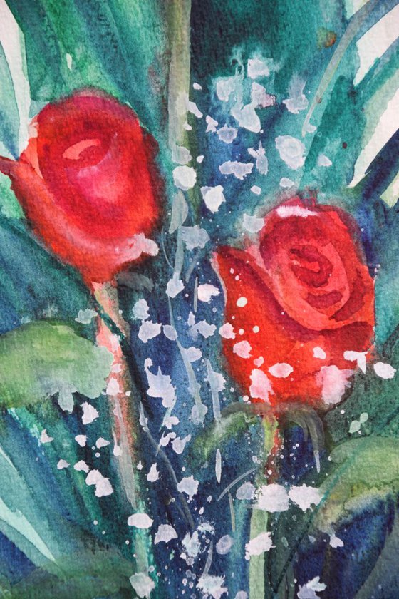 Flowers watercolor painting Roses wedding bouquet