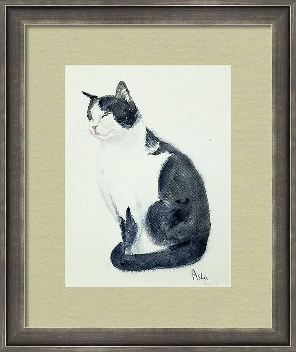 Cat Meditation -watercolor painting on paper by Asha Shenoy