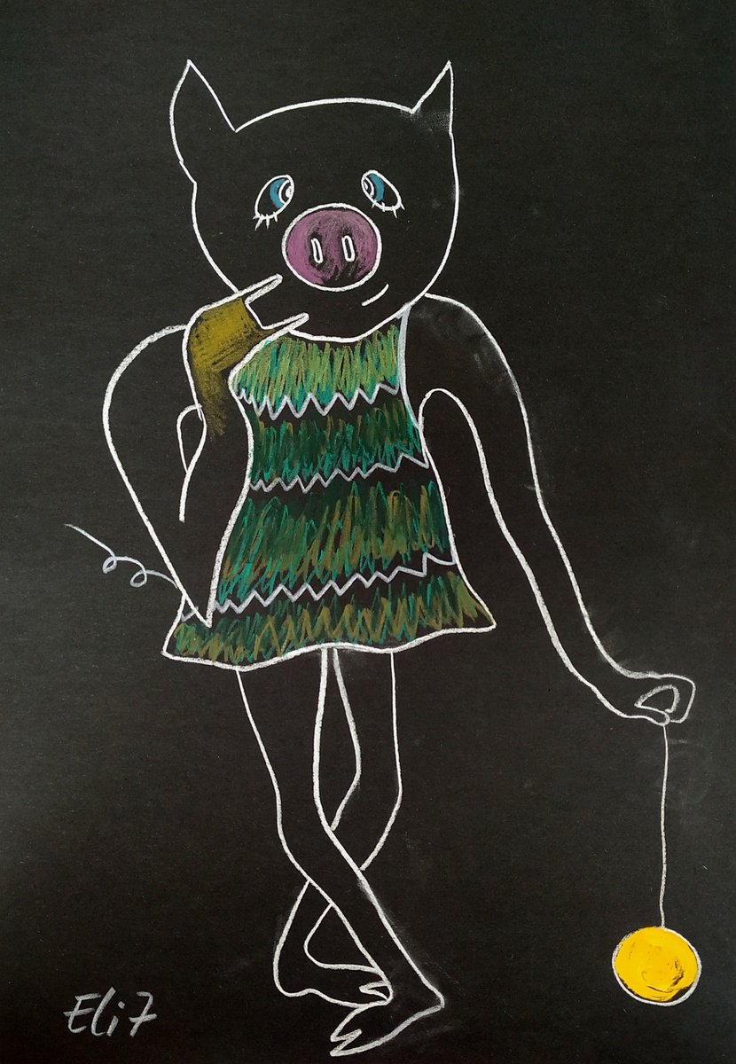 Cartoon Animal Pencil Drawing By Elisheva Nesis, 9 X 13, Happy New Year!, Original Artwork