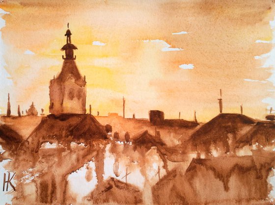 Lviv Painting Cityscape Original Art Ukraine Small Watercolor Artwork Home Wall Art 12 by 8" by Halyna Kirichenko