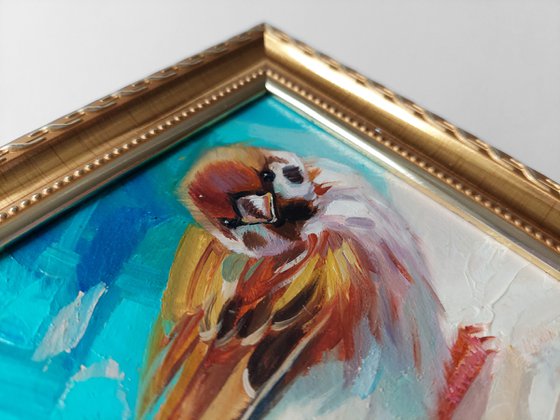 Sparrow bird painting original 4x4, Sparrow oil art turquoise framed, Mini picture of birds in frame, Art gift for Mom