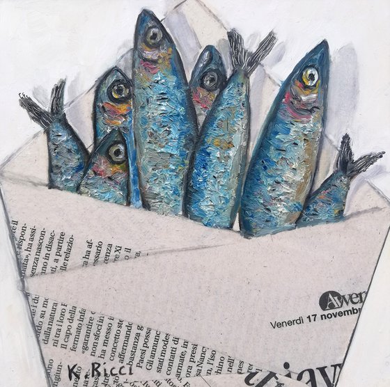 "A Bag of Anchovies" Original Oil on Wooden Board Painting of Small Fishes on Newspaper 6 by 6 inches (15x15 cm)