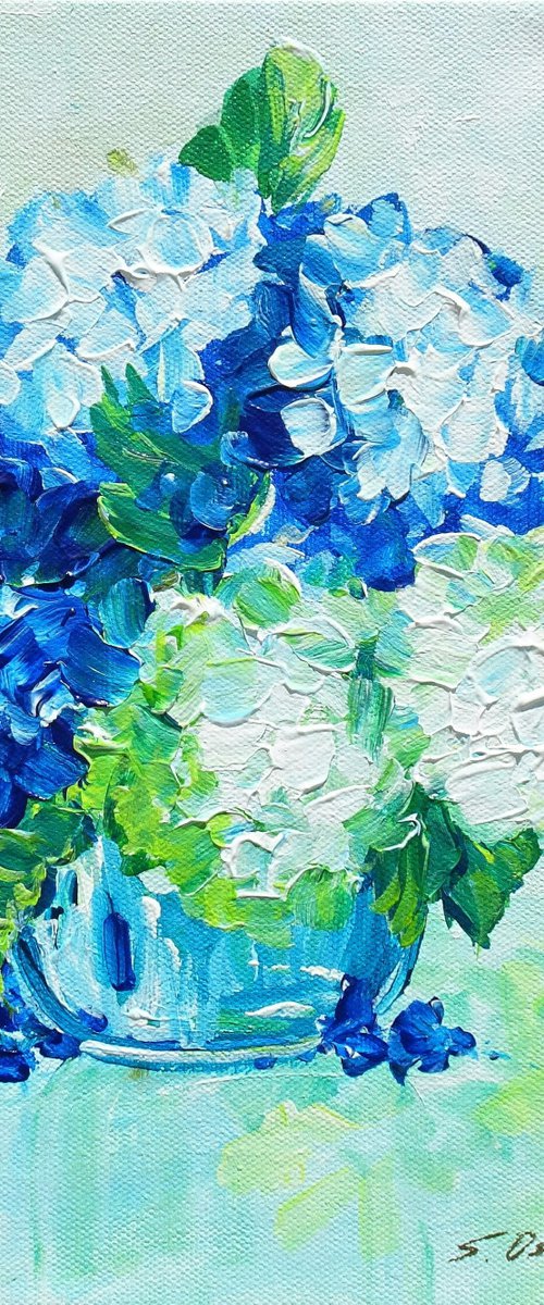 White and Blue Hydrangea Small Painting on Canvas. Modern Impressionism Contemporary Art by Sveta Osborne