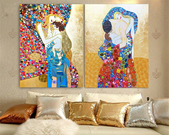 Painting Set of 2 LARGE GEMSTONES mosaic wall art Gustav Klimt Mother and Child & Family