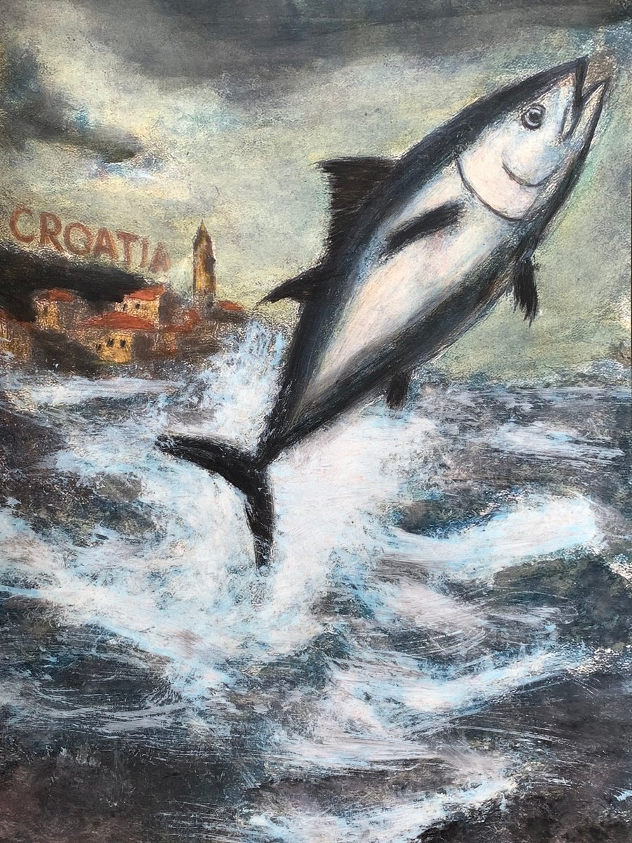 Impressionistic Landscape Painting By Sinisa Alujevic, 12 X 17", Tuna And The Adriatic Blues, Original Artwork