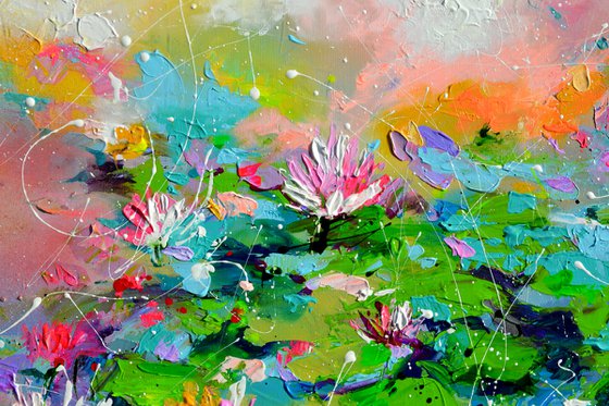 Water Lilies on the Pond - 120x100 cm, Palette Knife Modern Ready to Hang Floral Painting