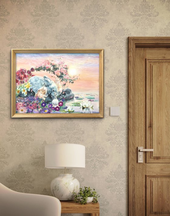 Floral garden with rabbits