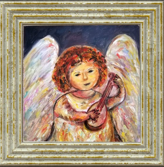 "Angel Playing the mandolin" Original Oil on Canvas Board Painting 20x20cm/8x8 in