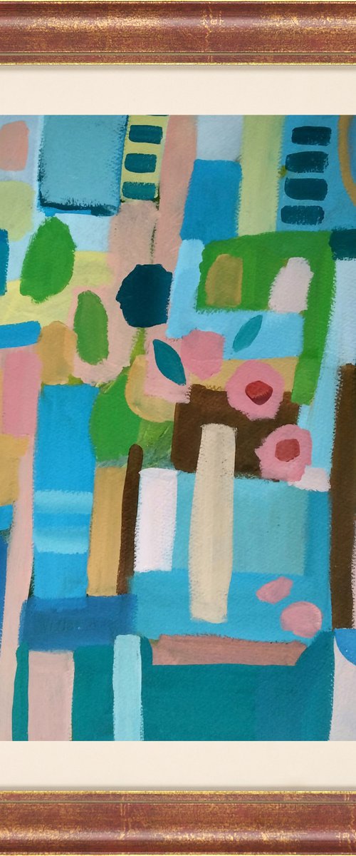 Abstract Interior with Pink Flowers by Jan Rippingham
