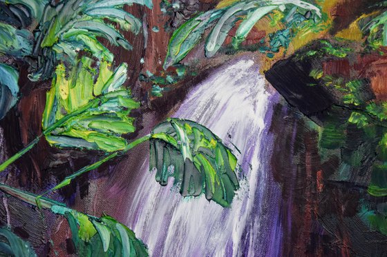 Tropical Round Oil Painting, Waterfall Large Original Canvas Art, Monstera Wall Art