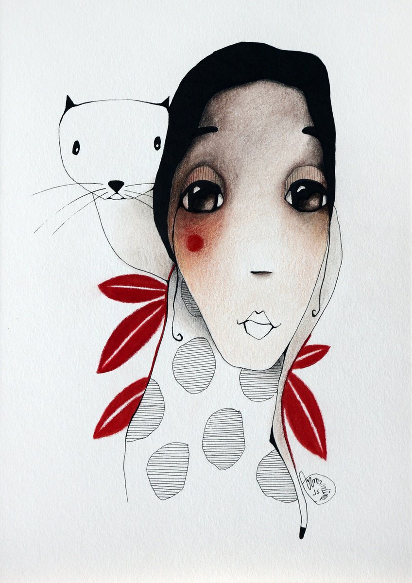 Expressive Portrait Pencil Drawing By Armandine Js, 8 X 12, Invasion Feline 13, Original Artwork