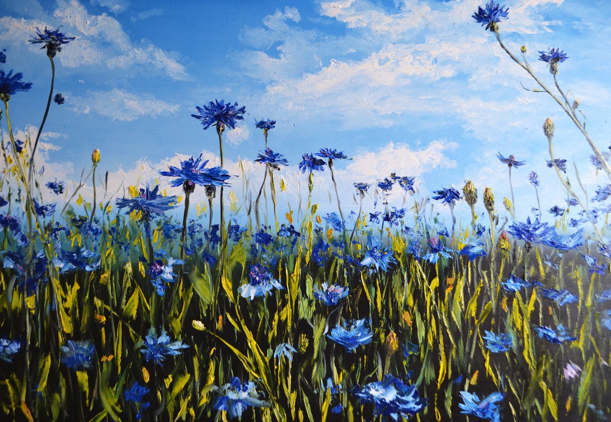 Landscape Oil Painting By Valeriia Radziievska, 39 X 28", Cornflower Field, Original Artwork