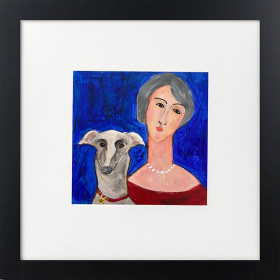 Woman with greyhound framed