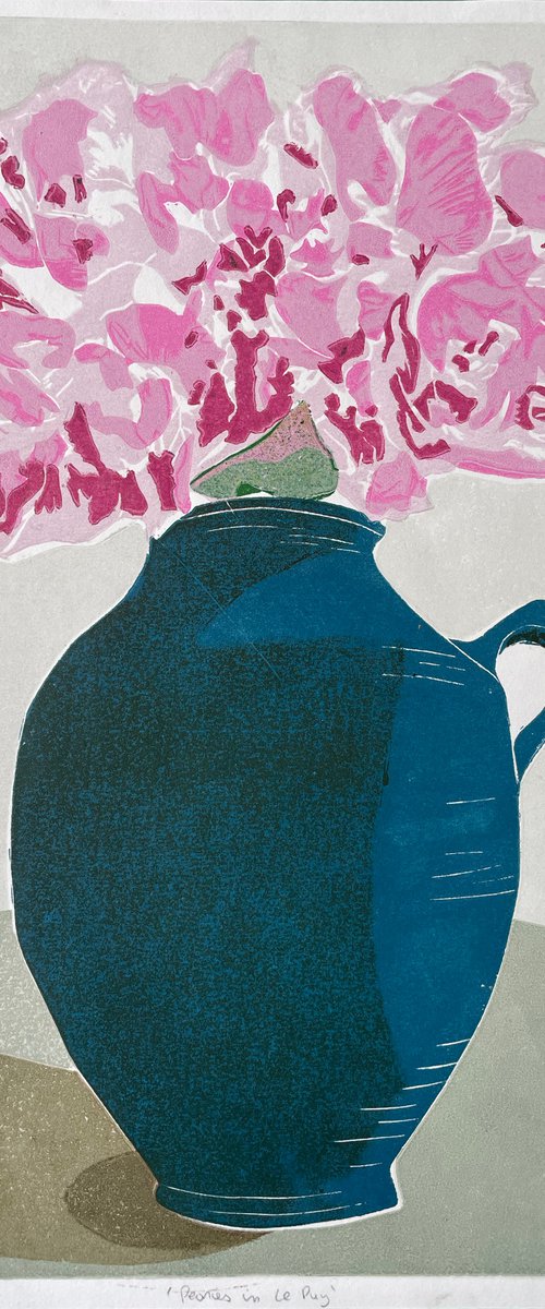 Peonies In Le Puy - Flowers in a Vase Still Life Print by C Staunton