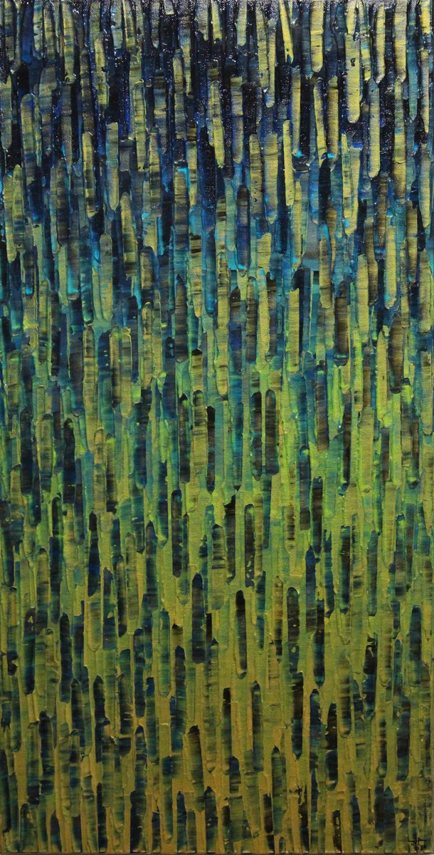 Abstract Acrylic Painting By Jonathan Pradillon, 16 X 31, Blue Verdant Matrix, Original Artwork
