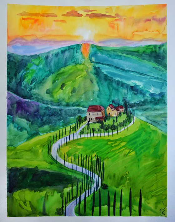 Sunset Landscape Large Painting, Tuscany Italy Original Watercolor Painting
