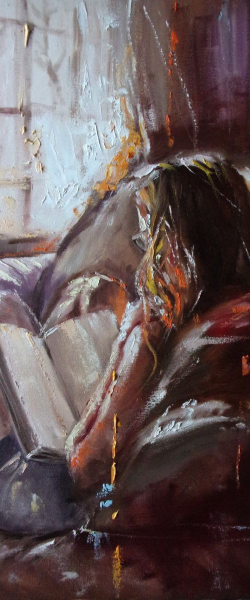 " AUTUMN LIGHT "  original OIL painting palette knife reading book GIFT MODERN URBAN ART OFFICE ART DECOR HOME DECOR GIFT IDEA by Monika Luniak