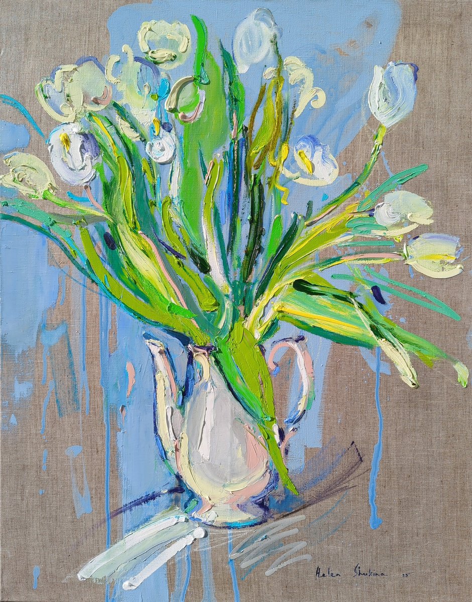 Expressive Botanical Oil Painting By Helen Shukina, 28 X 35, White Tulips And Melodic Mood, Original Artwork
