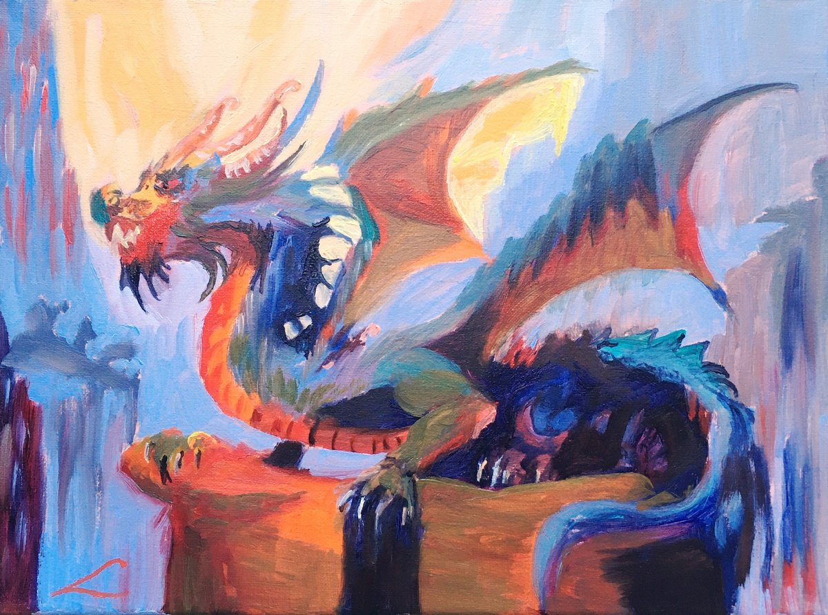 Expressive Animal Oil Painting By Elena Sokolova, 16 X 12, Dragon, Original Artwork