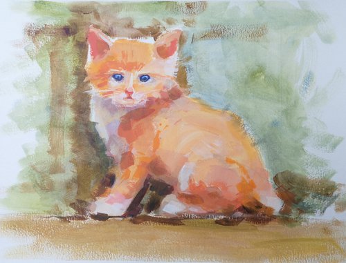"Red kitten" (acrylic on paper painting) (11x15×0.1'') by Alexander Koltakov