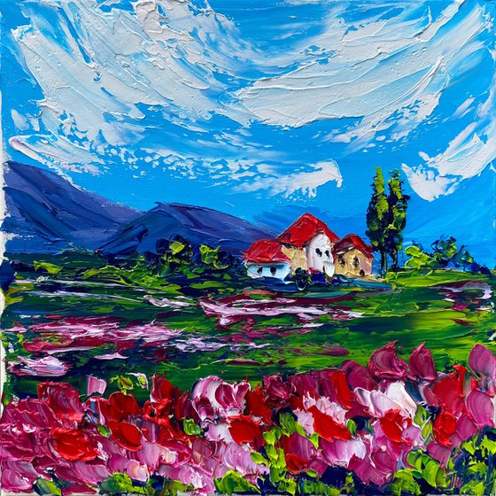 The small house in the valley among the flowers. Impasto painting