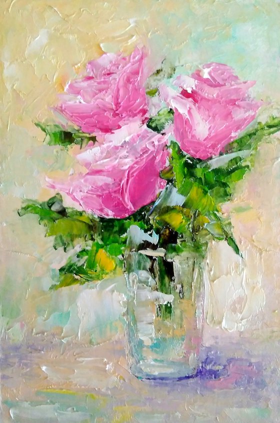 Pink Rose Painting Original Art Small Oil Artwork Flower Wall Art Floral Mini Oil Painting