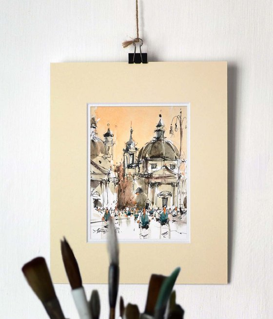 Watercolor painting of Piazza del Popolo in Rome