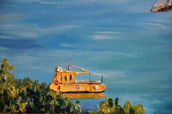 Ships seascape large oil painting on canvas, Greece panorama, coastal home decor