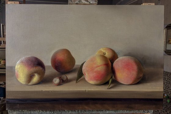 Peaches, 40 x 60 cm, oil on canvas 2018, original still life painting