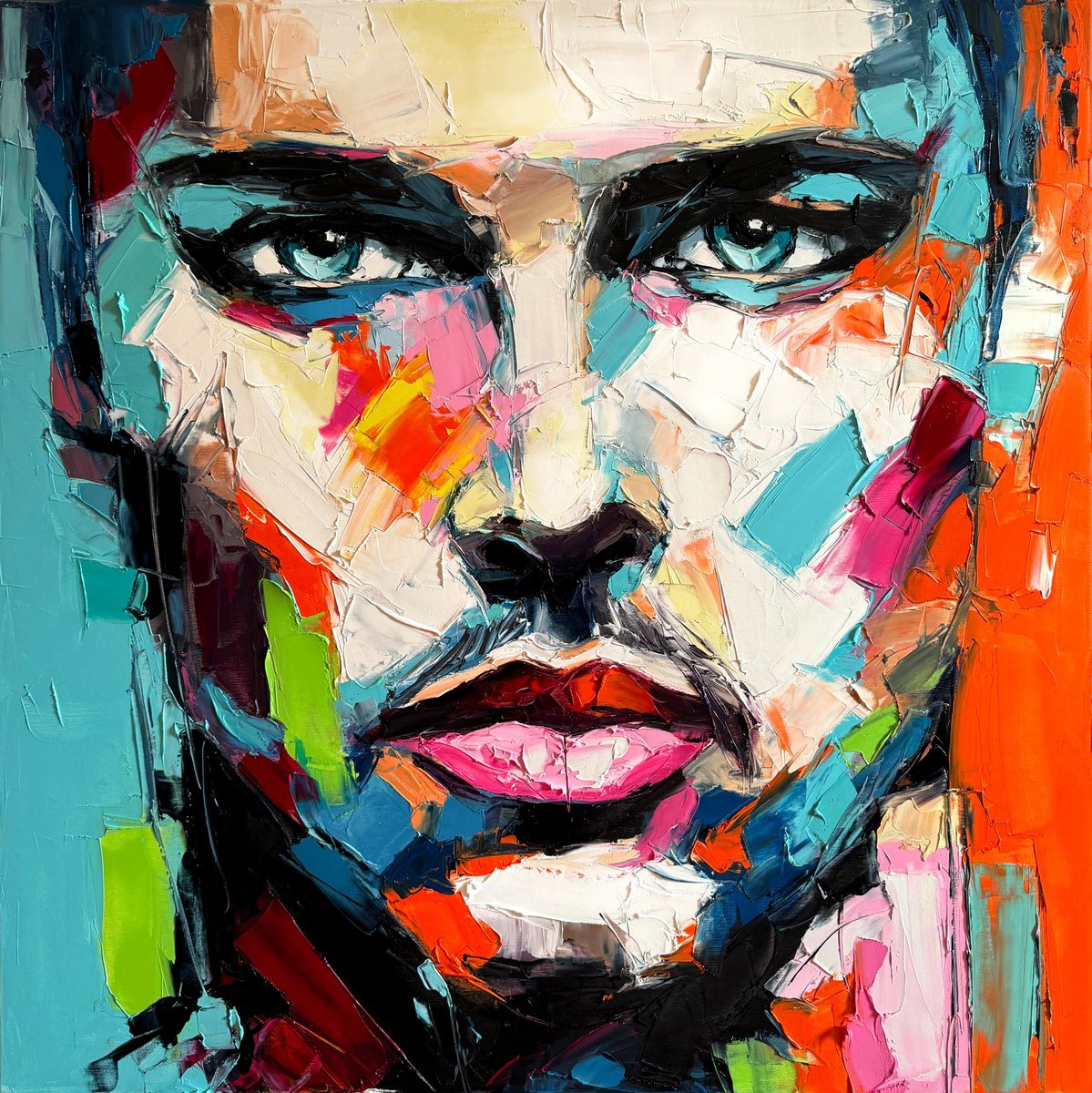 Expressive Portrait Oil Painting By Lana Frey, 31 X 31", In The Glimmers Of Time, Original Artwork