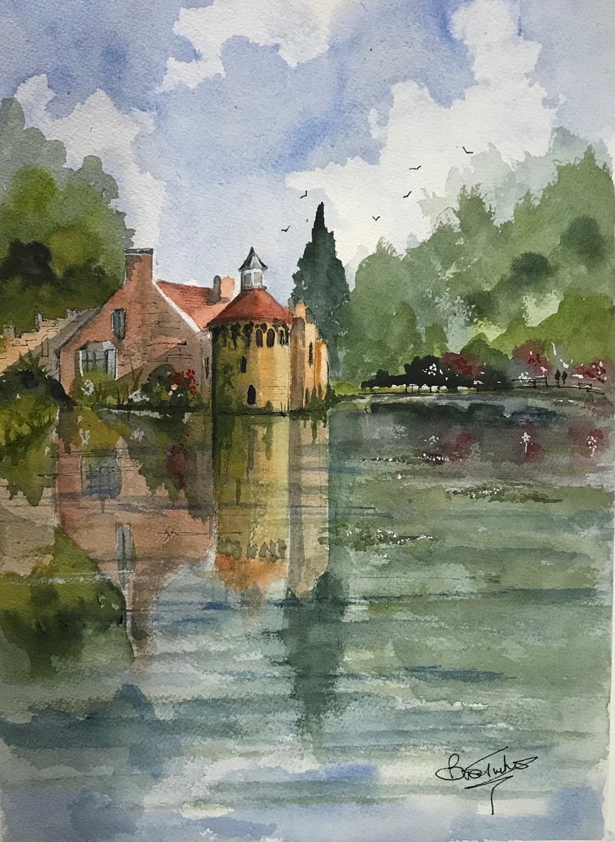 Impressionistic Watercolour , Scotney Castle In Spring By Brian Tucker, 10 X 14, Artwork For Sale On Artfinder