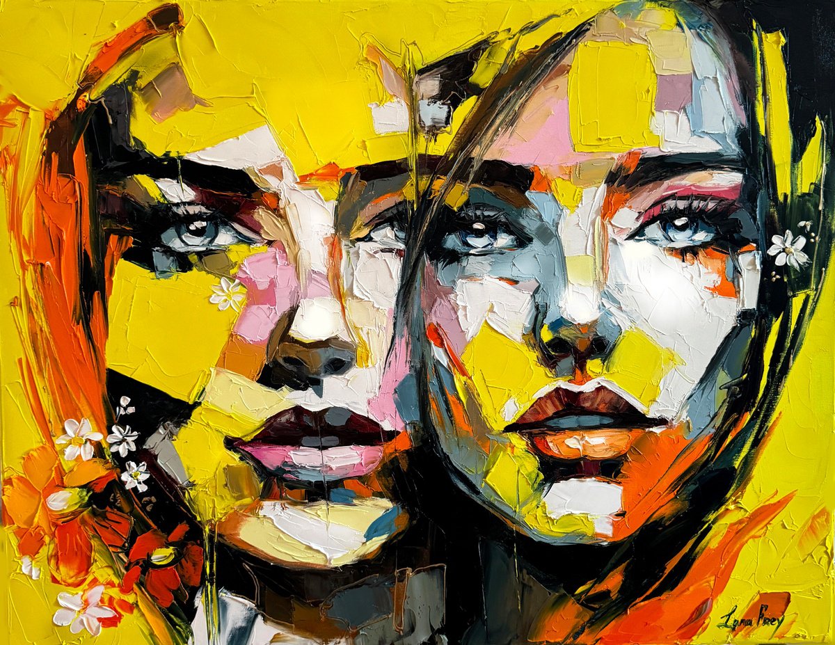 Expressive Portrait Oil Painting By Lana Frey, 35 X 28", Summer Colors Of Love, Original Artwork