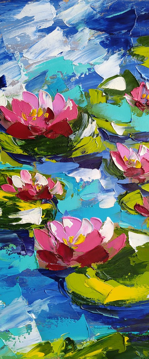 Lilies - lilies oil painting, lake, river, flowers in water, flowers on the river, water lilies, water lilies oil painting by Anastasia Kozorez