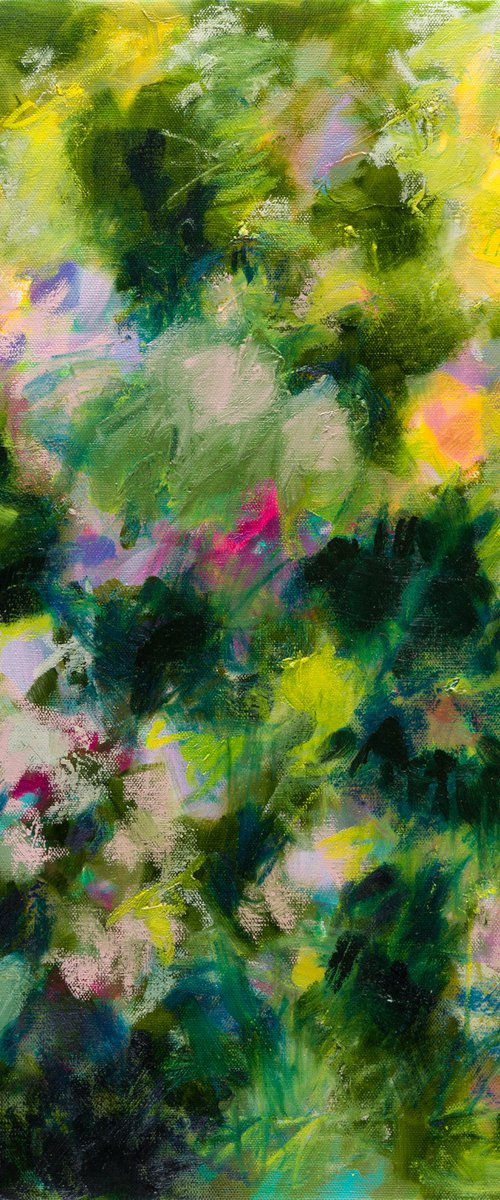 Ray of sunshine in the garden - Floral abstraction - seasonal colors green mauve yellow by Fabienne Monestier