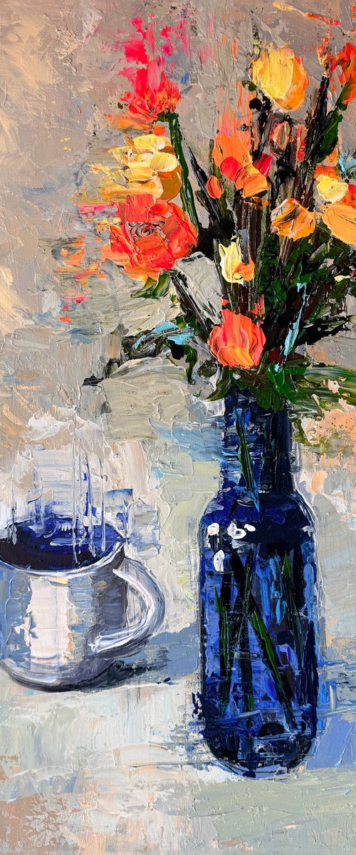 Blue Vessel and Morning Flowers by Maria Kireev