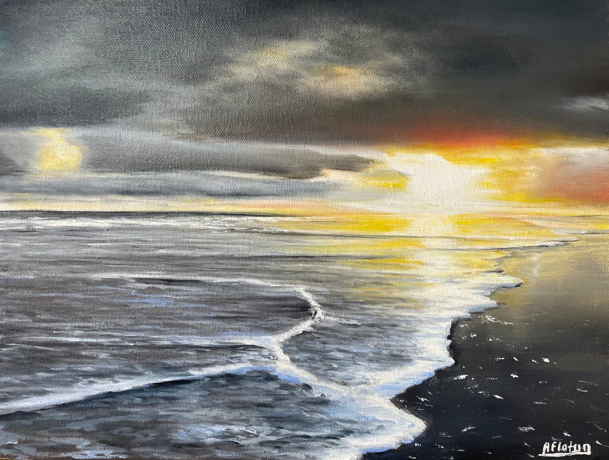 Photorealistic Landscape Oil Painting By Aflatun Israilov, 16 X 12, Ocean Sunset 2023, Original Artwork