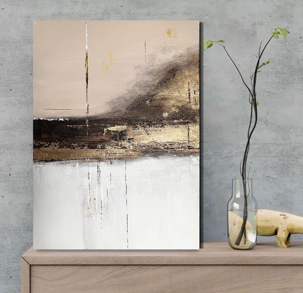 Expressive Landscape Acrylic Painting By Tatiana Malinovscaia, 20 X 28", Golden Mirage, Original Artwork