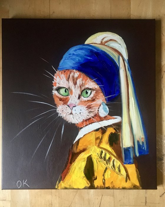 Cat with the pearl earring inspired by Vermeer painting feline art for cat lovers gift idea