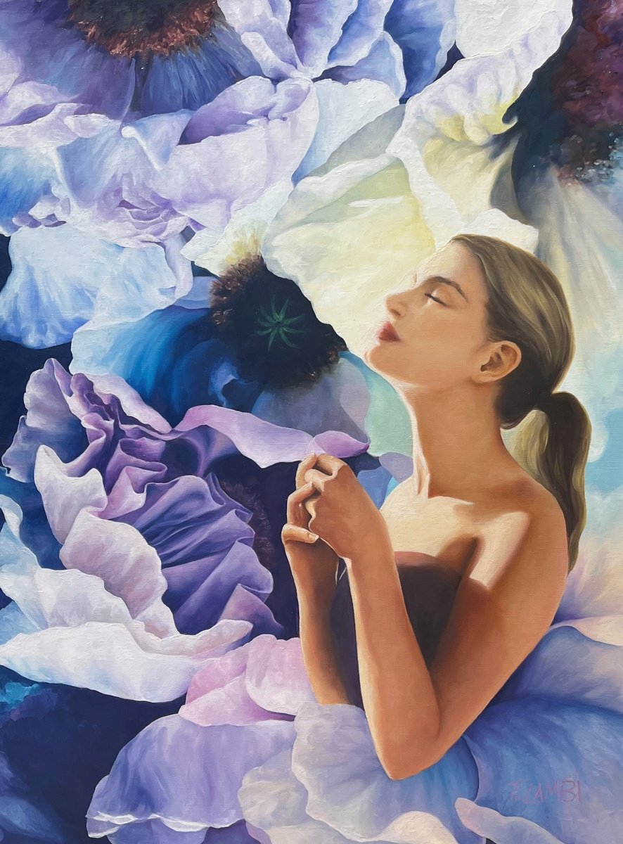 Photorealistic Portrait Oil Painting By Trisha Lambi, 30 X 40", Thumbelina Dreaming, Original Artwork