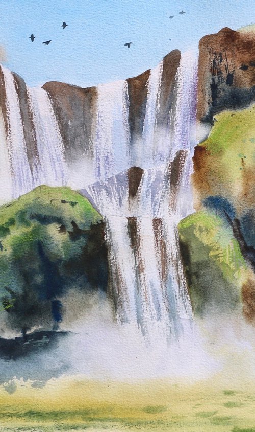 Waterfall. Summer landscape. Watercolor artwork. by Evgeniya Mokeeva
