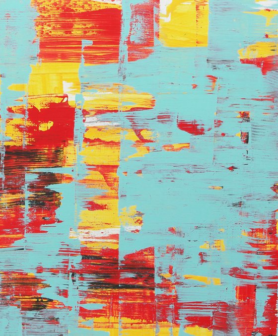 XL Abstract Painting - Static in Red & Turquoise - 120x120 cm - Ronald Hunter - 13J